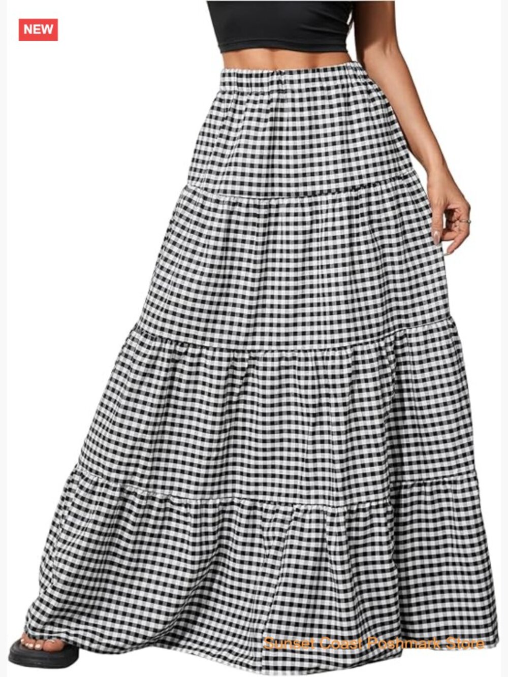 Plaid A-Line Maxi Skirt Ruffle Tiered Flowy Casual